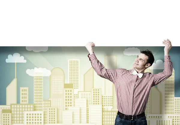 Guy with buildings banner — Stock Photo, Image