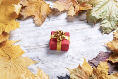 Hediye kutusuyla parlak sonbahar kompozisyonu