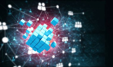 Koyu arkaplanda dijital küp figürüne sahip internet ve ağ kavramı