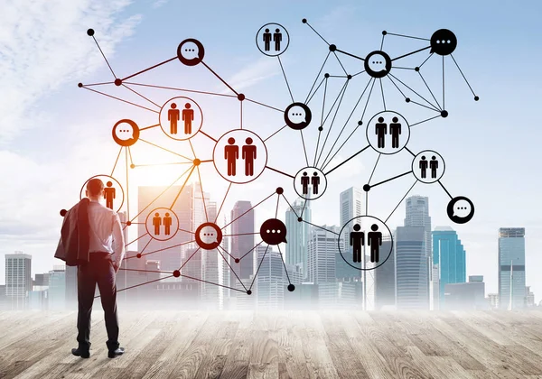 Takım çalışması ve işbirliğinin sembolü olarak ekrana sosyal bağlantı konsepti çizildi