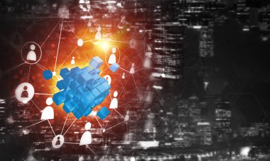 Koyu arkaplanda dijital küp figürüne sahip internet ve ağ kavramı