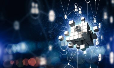 Koyu arkaplanda dijital küp figürüne sahip internet ve ağ kavramı