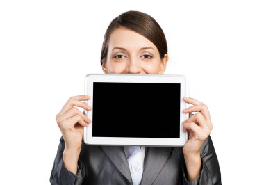 Tablet bilgisayar düzenini elinde tutan iş kadını