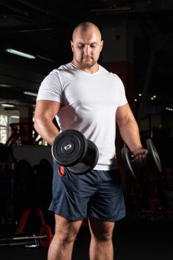 Spor salonunda dambıllarla çarpışan erkek vücut geliştirici.