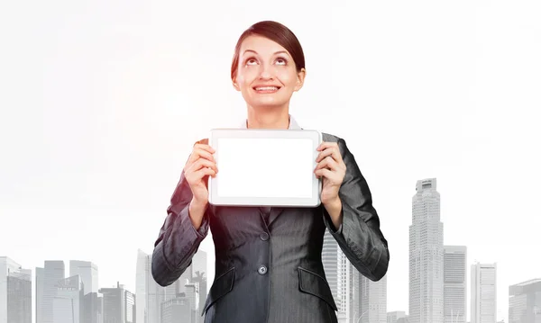 Businesswoman holding tablet computer layout — Stock Photo, Image