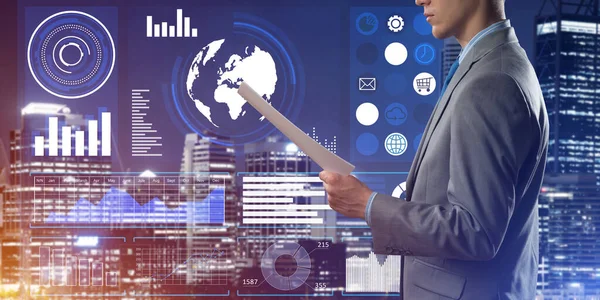 Digital bakgrund med infograf och man förlänger papper eller kontrakt — Stockfoto