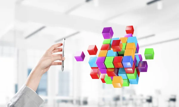 Integrating new technologies concept with cube figure floating in air. Mixed media — Stock Photo, Image