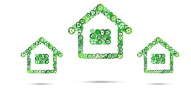 Beyaz arka planda ev simgesi tarafından sunulan gayrimenkul veya inşaat fikri