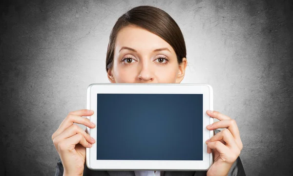 Businesswoman holding tablet computer layout — Stock Photo, Image