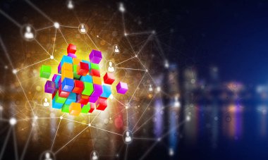 Koyu arkaplanda dijital küp figürüne sahip internet ve ağ kavramı