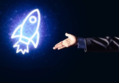 İnsan avuç içi teknoloji konsepti olarak Roket Web simgesini sunar