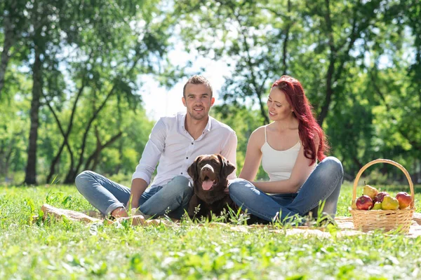 Casal com um cão no parque — Fotografia de Stock