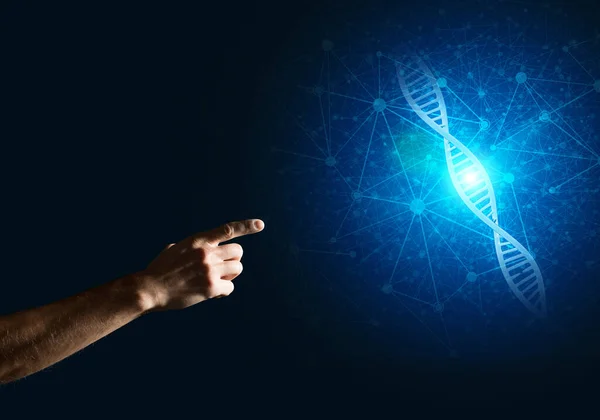 Medicina scientifica e concetti tecnologici come molecola di DNA su sfondo scuro con linee di connessione — Foto Stock
