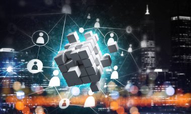 Koyu arkaplanda dijital küp figürüne sahip internet ve ağ kavramı