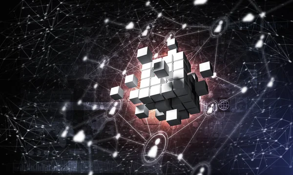 Концепция интернета и сетевого взаимодействия с цифровым кубом на тёмном фоне — стоковое фото