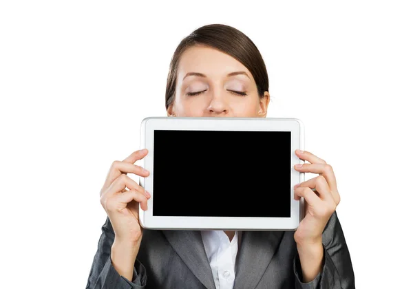 Businesswoman holding tablet computer layout — Stock Photo, Image