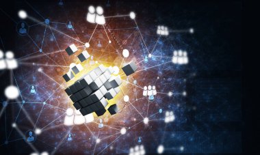 Koyu arkaplanda dijital küp figürüne sahip internet ve ağ kavramı