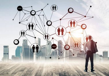 Takım çalışması ve işbirliğinin sembolü olarak ekrana sosyal bağlantı konsepti çizildi