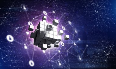 Koyu arkaplanda dijital küp figürüne sahip internet ve ağ kavramı