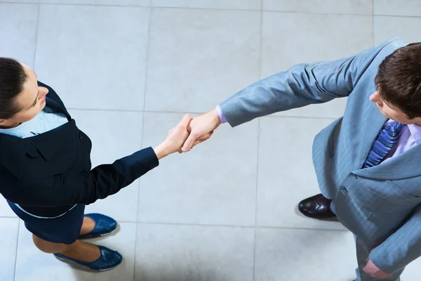 Business woman and businessman shaking hands — Stock Photo, Image