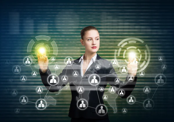 Businesswoman touching icons of media screen — Stock Photo, Image