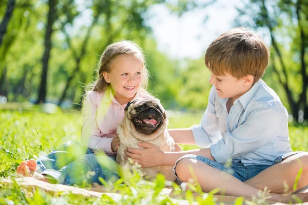Niños en parque con mascotas — Foto de Stock