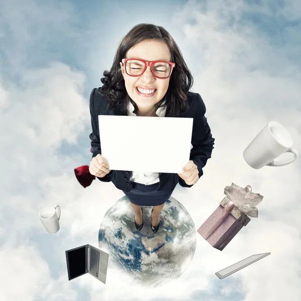 Woman holding banner — Stock Photo, Image