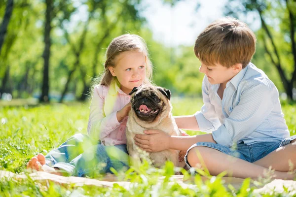 Crianças no parque com animal de estimação — Fotografia de Stock