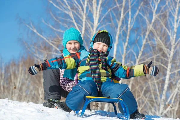 Two cute kids riding sled — Stock Photo, Image