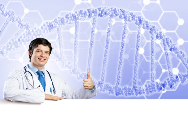 Medico con banner — Foto Stock