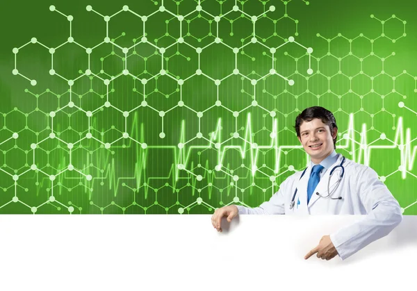 Medico con banner — Foto Stock