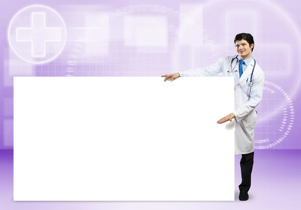 Medico con banner — Foto Stock