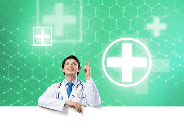 Läkare med banderoll — Stockfoto