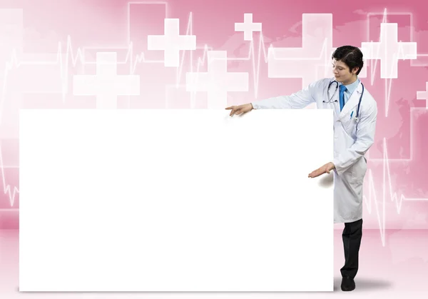 Medico con banner — Foto Stock