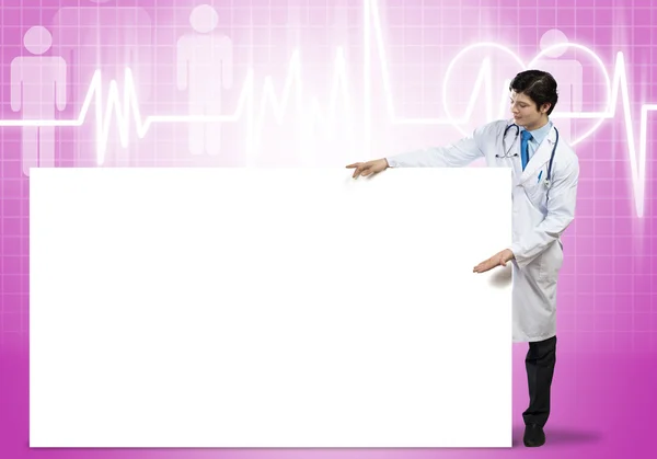 Medico con banner — Foto Stock