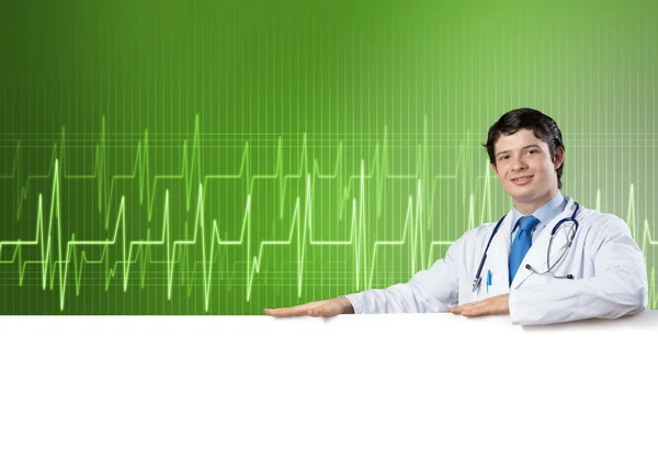 Medico con banner — Foto Stock