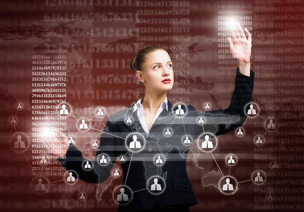 Businesswoman touching icons of media screen — Stock Photo, Image