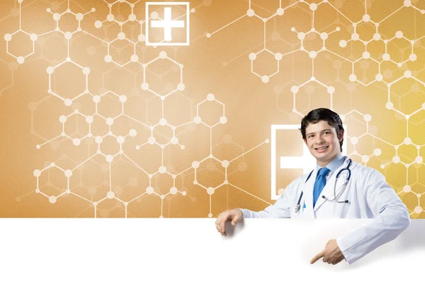 Medico con banner — Foto Stock