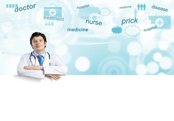 Medico con banner — Foto Stock