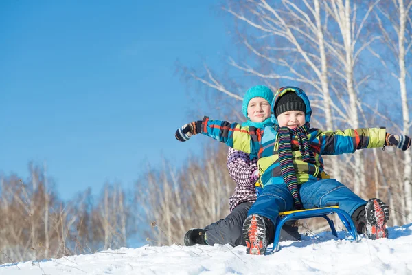 Twee schattige kinderen slee rijden — Stockfoto