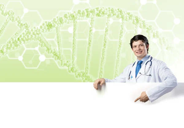 Medico con banner — Foto Stock