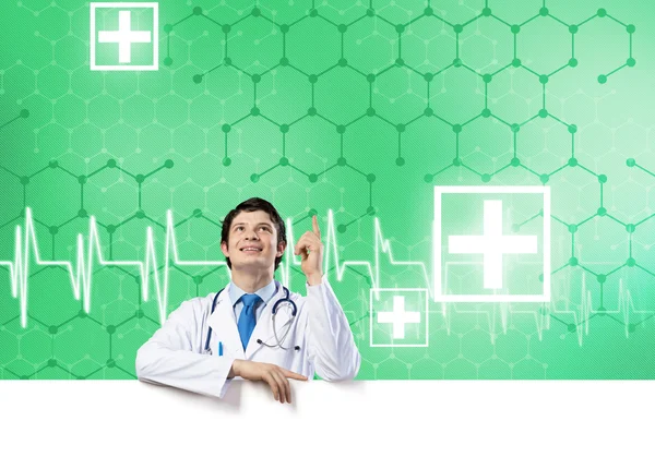 Medico con banner — Foto Stock