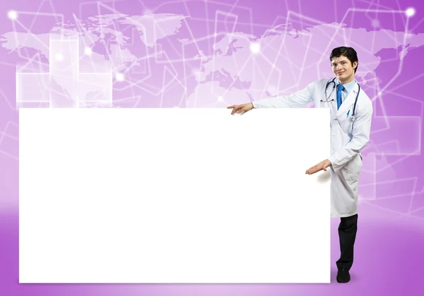 Medico con banner — Foto Stock