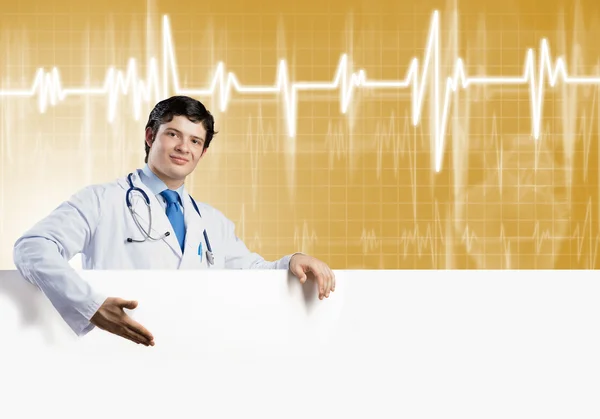 Medico con banner — Foto Stock