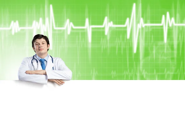 Medico con banner — Foto Stock