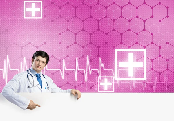 Medico con banner — Foto Stock