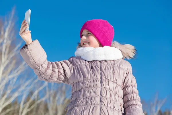 Cute Happy Girl Making Selfie Photo Winter Park — Stock Photo, Image