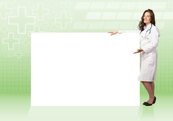 Giovane donna medico vicino banner bianco — Foto Stock