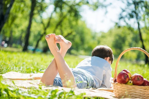 Chłopiec na pikniku w parku. — Zdjęcie stockowe