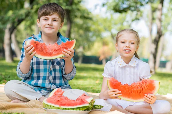 Děti v parku jíst meloun — Stock fotografie